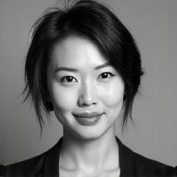 Professional black and white headshot of Maya Tan, a confident woman with short hair and a warm smile.