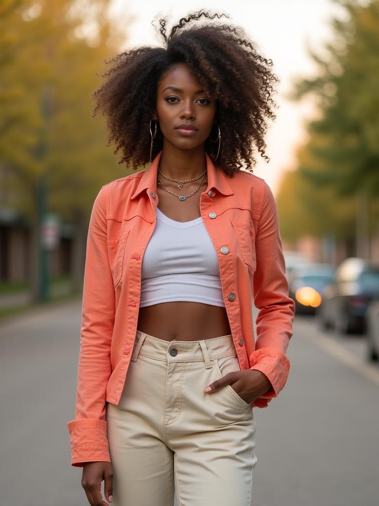 Fashion lookbook shoot of a model posing in a vibrant outfit.