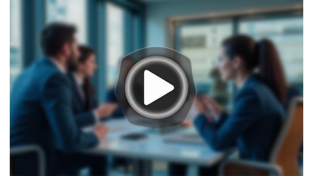 Play icon over a blurred background of a corporate marketing video scene